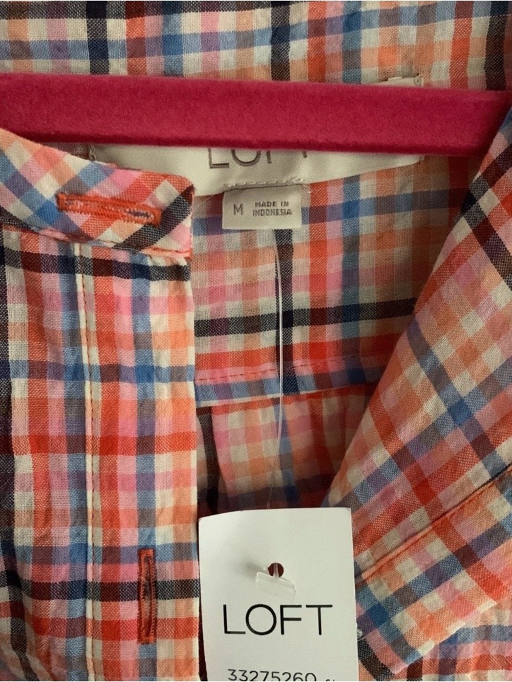 LOFT Coral, Blue & White Plaid Sleeveless Button-Front Top - Picture 2 of 4